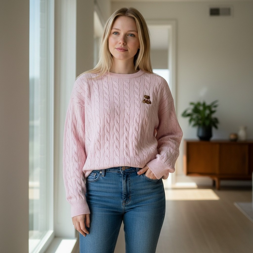 Urban Weekend Pink Cable Knit Teddy Bear Sweater Crewneck Cozy Coquette PreppyXL